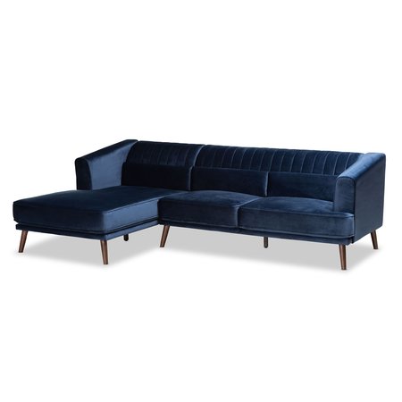 BAXTON STUDIO Morton Mid-Century Navy Blue Velvet and Dark Brown Wood Sectional Sofa with Left Facing Chaise 183-11701-Zoro